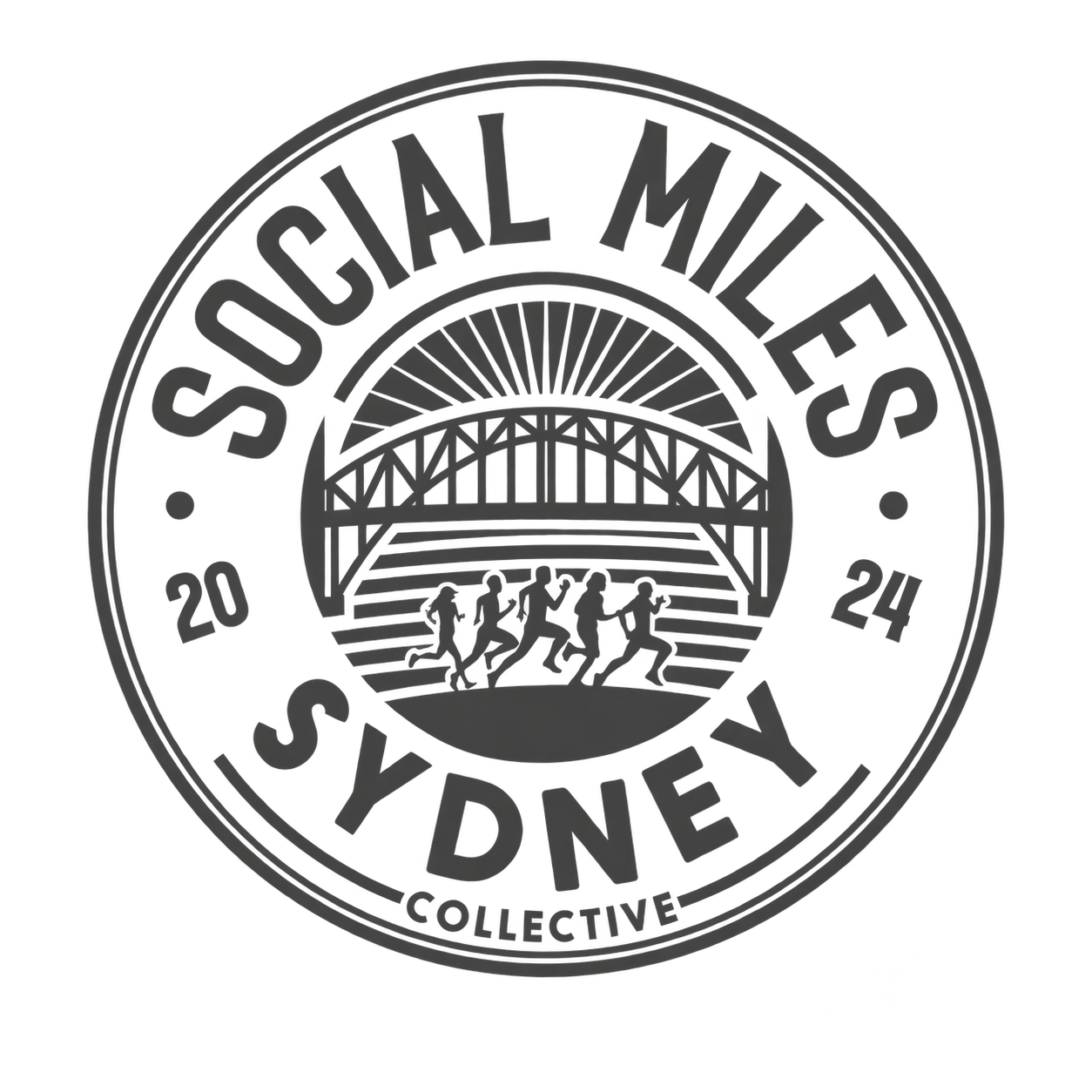 Social Miles Sydney circular crest with Harbour Bridge and runners.