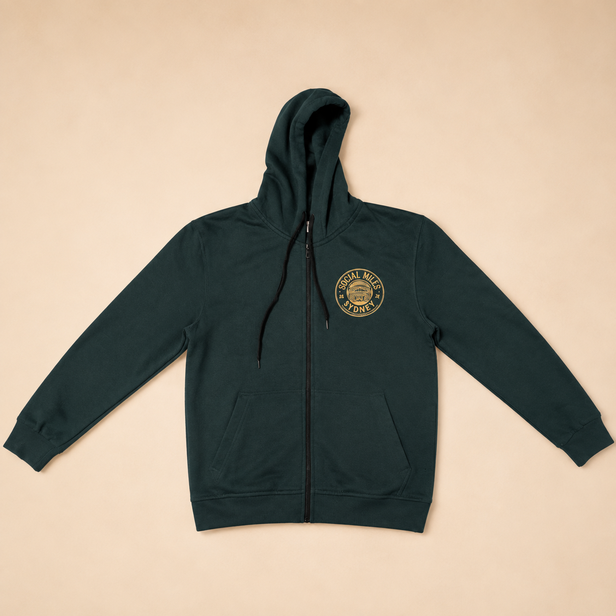 Front view of the forest green Social Miles Sydney zip hoodie with the small gold club crest.