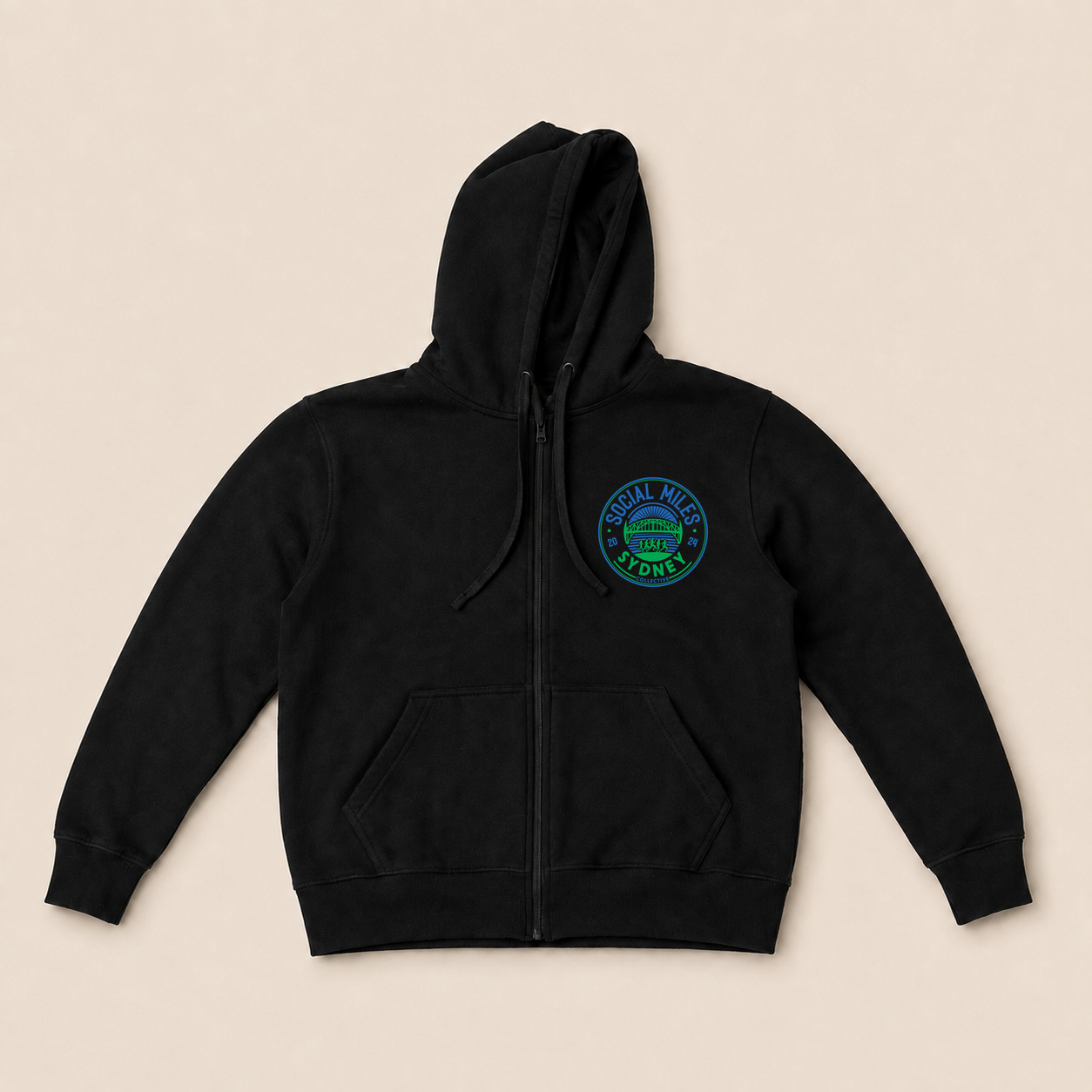Front view of the black Social Miles Sydney full zip hoodie with the coloured circular club crest at the chest.