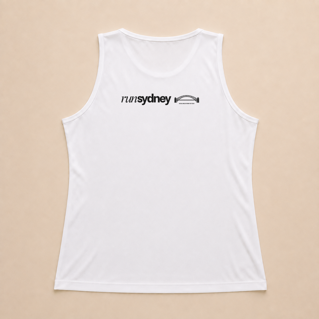 Back view of the white Social Miles Sydney runSydney singlet with the black runSydney and Harbour Bridge wordmark across the upper back.