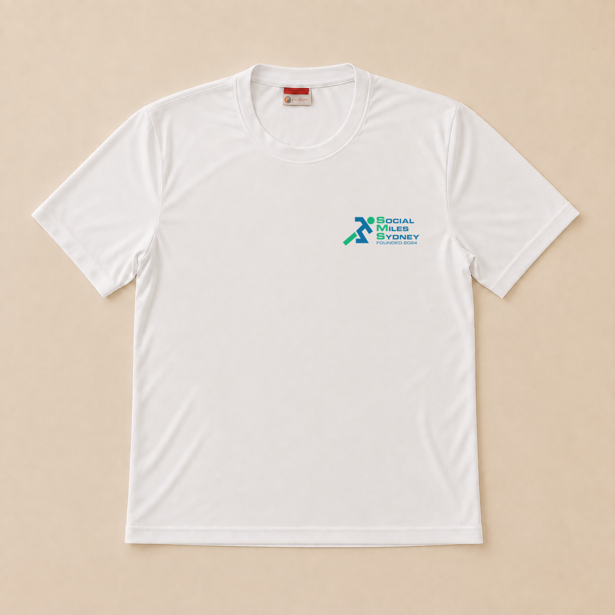 Front view of the white Social Miles Sydney performance tee with the original small blue and green running figure club mark at the chest.