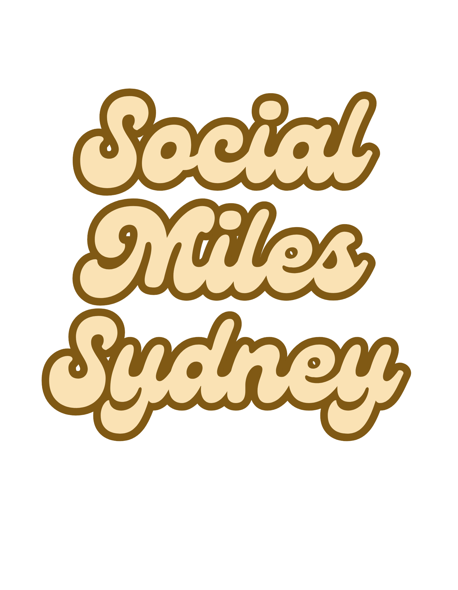 Retro Social Miles Sydney script merchandise graphic in cream and brown.