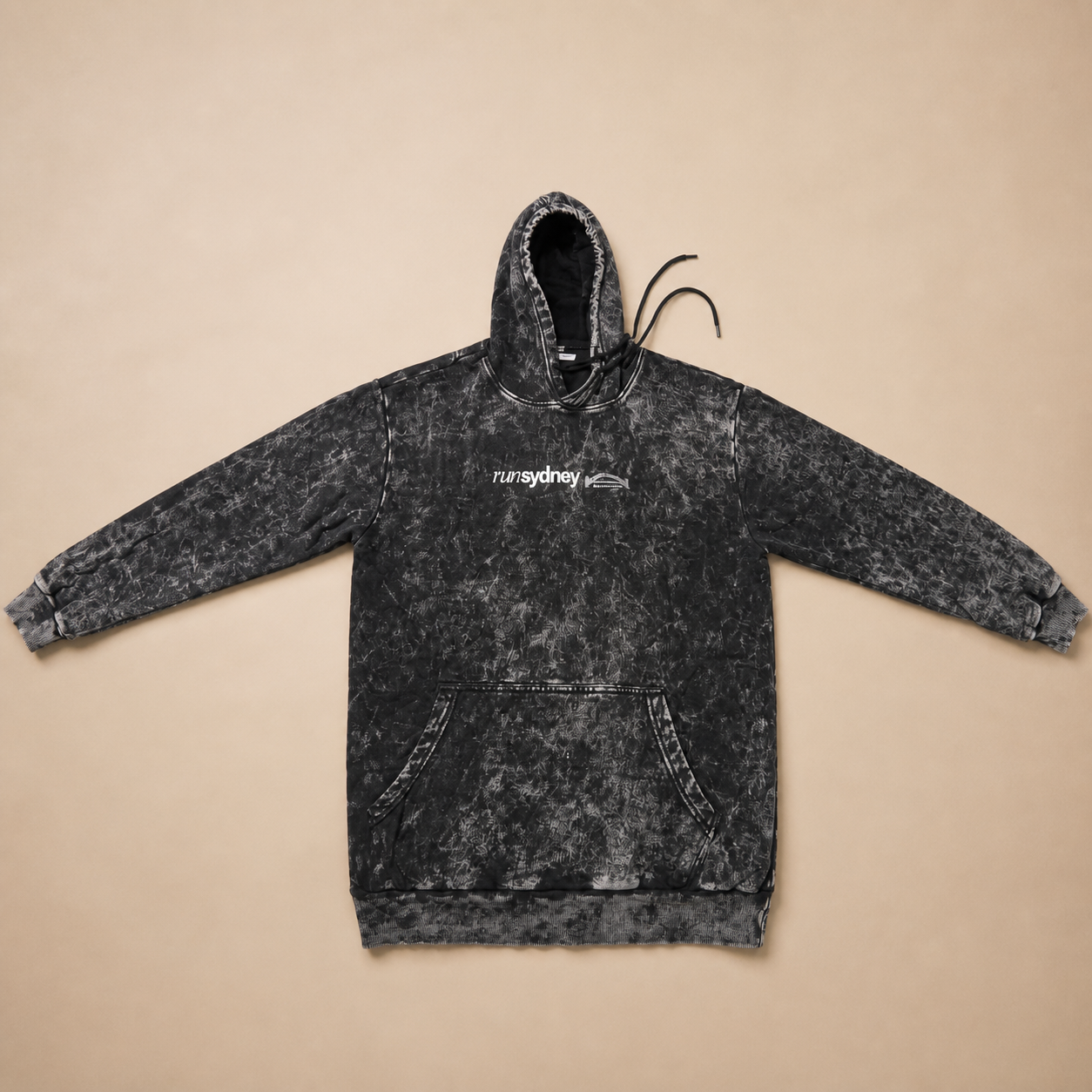 Front view of the black stonewash Social Miles Sydney hoodie with the white runSydney and bridge mark.