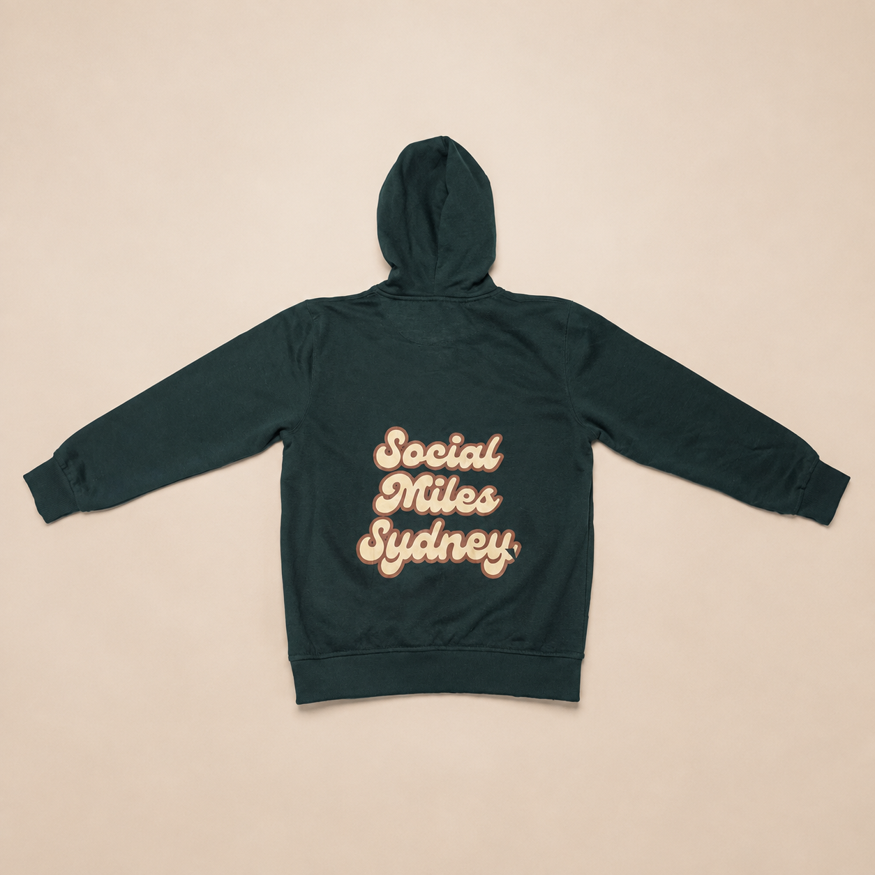 Back view of the forest green Social Miles Sydney zip hoodie with the large cream-and-brown retro Social Miles Sydney script.