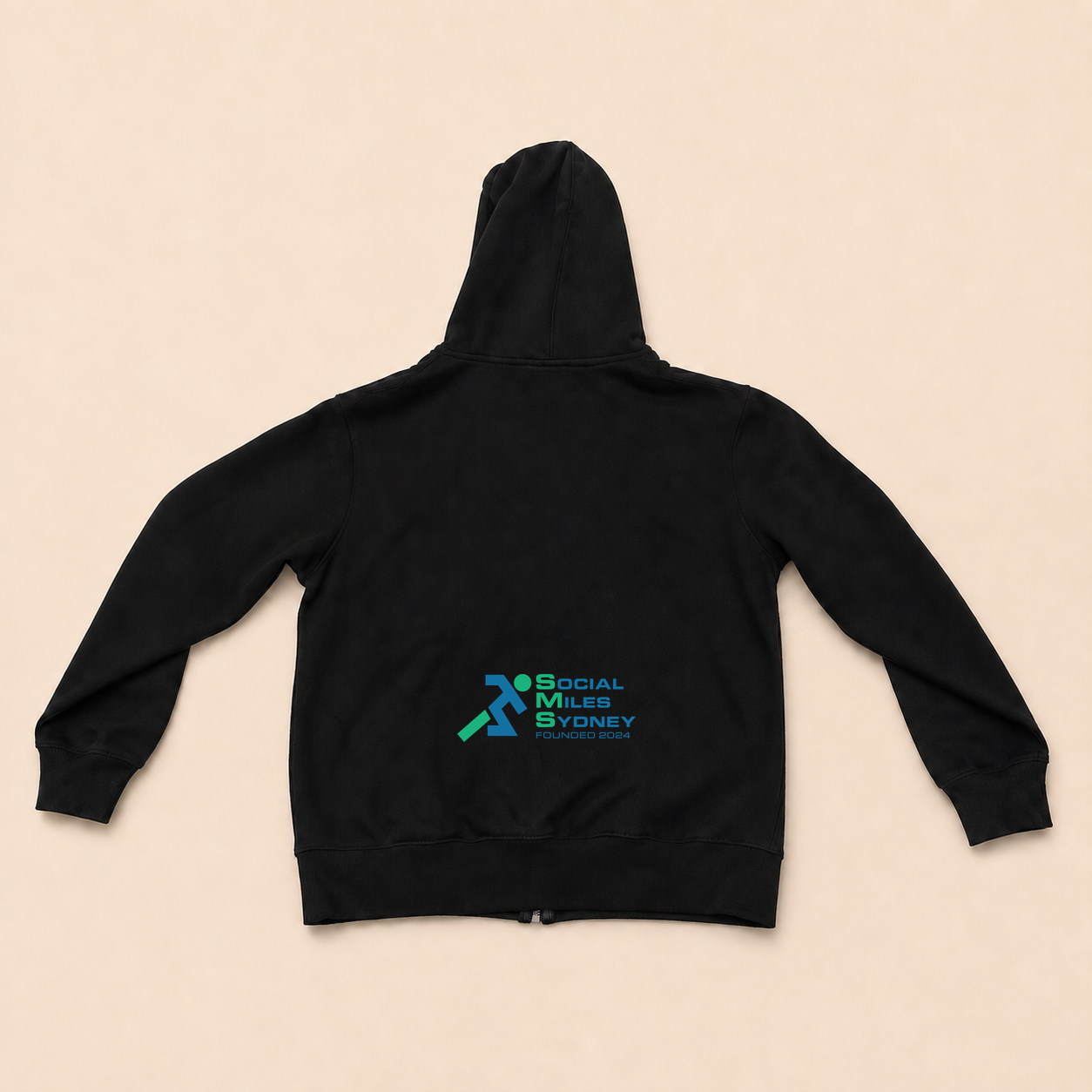 Back view of the black Social Miles Sydney full zip hoodie with the original blue and green Social Miles Sydney running figure wordmark.